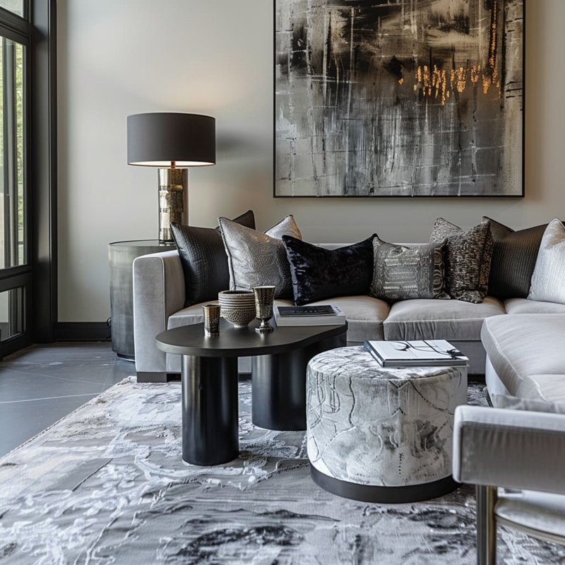 Sectional Sofa with Oversized Abstract Art & Textured Ottoman Decor