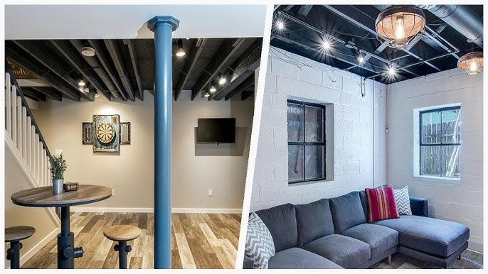 Sectional Sofa with Painted White Brick Walls and Blue Support Pole