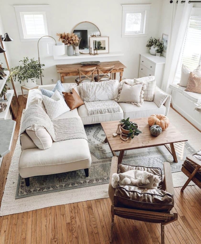Sectional Sofa with Seasonal Fall Accents in Modern Farmhouse