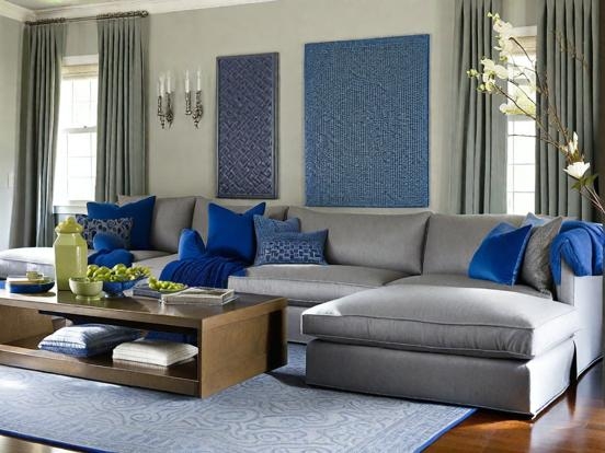 Sectional Sofa with Textured Wall Panels and Royal Blue Accents