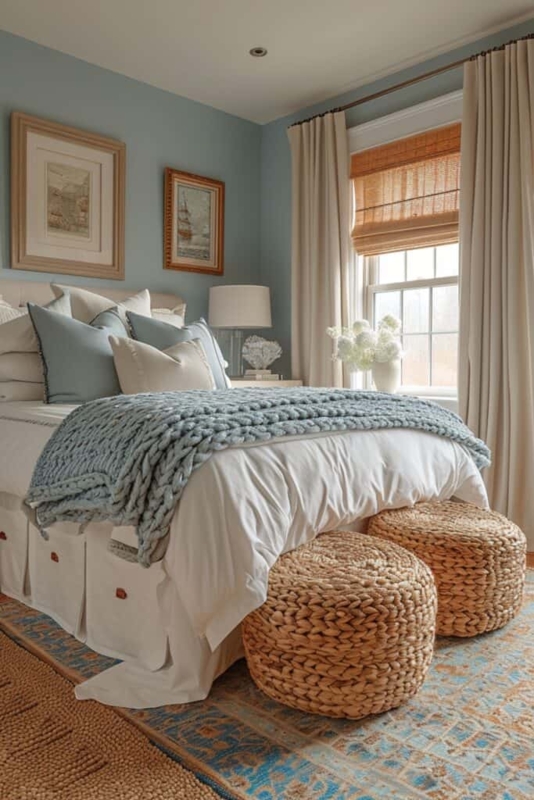 Serene Blue and Cream Bedroom with Chunky Knit Throw and Woven Poufs