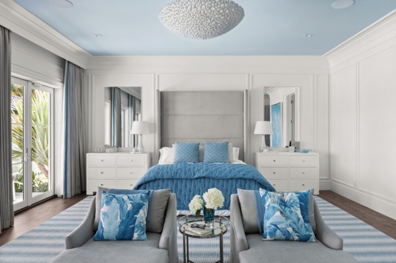 Serene Blue and White Bedroom with Symmetrical Layout and Painted Ceiling