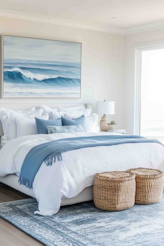 Serene Coastal Bedroom with Ocean Wave Art and Woven Ottomans