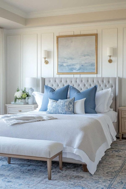 Serene Coastal Upholstered Bed with Diamond Tufting and Wall Molding