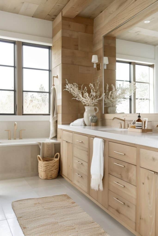 Serene Light Wood Double Vanity with Wood Paneled Walls and Large Window