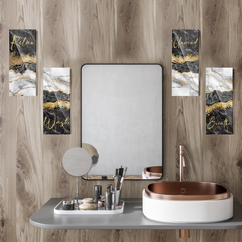 Set of Four Vertical Agate Pattern Wall Art Panels with Metallic Script