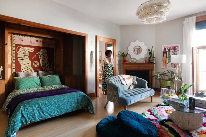 Settee with Tufted Back in a Blue Maximalist Bohemian Bedroom