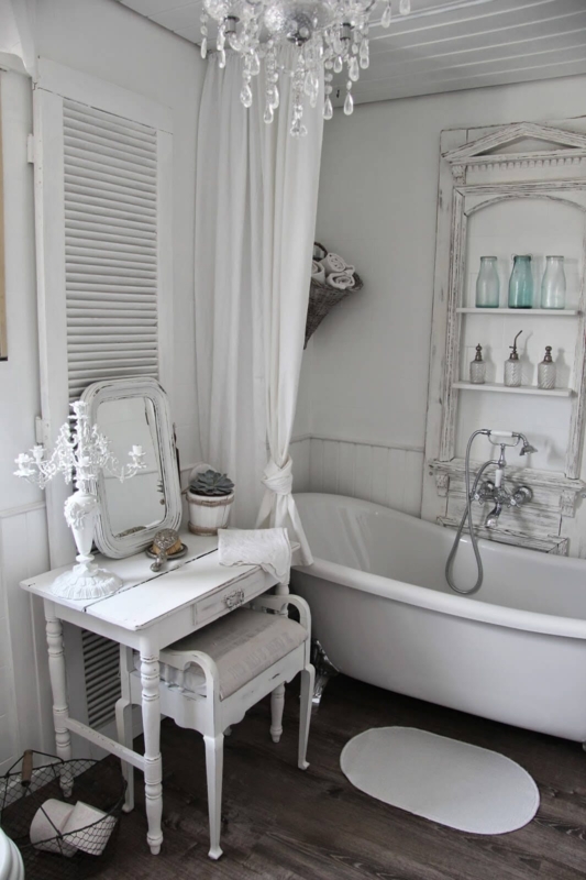 Shabby Chic Bathroom Decor with Whitewashed Architectural Shelving