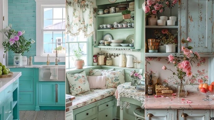 Shabby Chic Cottage Kitchen with Teal Cabinets & Subway Tile Backsplash