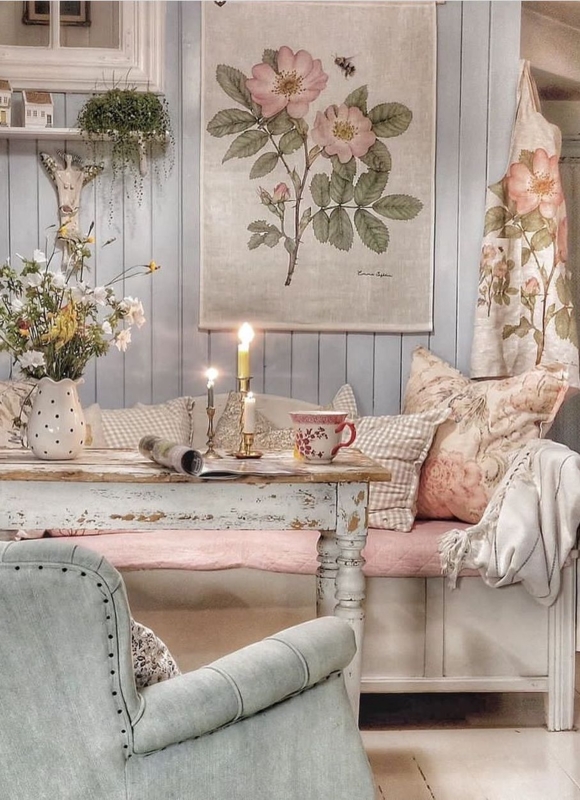 Shabby Chic Dining Nook with Weathered White Finish & Botanical Art
