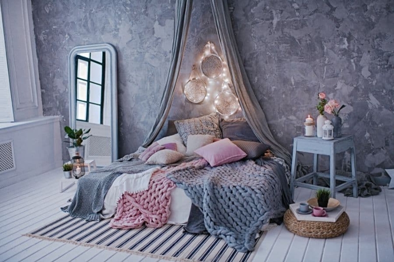 Shabby Chic Floor Bed with Chunky Knit Blanket and Sheer Canopy