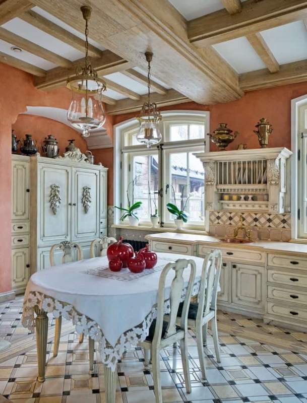 Shabby Chic Kitchen Dining: Terracotta Walls & Beamed Wood Ceiling
