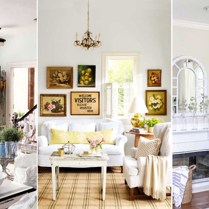 Shabby Chic Living Room with Distressed White Finish & Gallery Wall