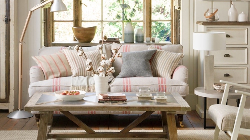 Shabby Chic Living Room with Red Striped Loveseat & X-Frame Table