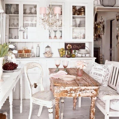 Shabby Chic Nook with Distressed Wood Table & Pink Crystal Chandelier
