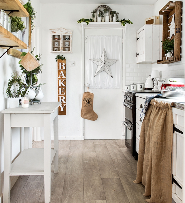 Shabby Chic Scullery with Burlap Skirted Cabinet & Bakery Sign