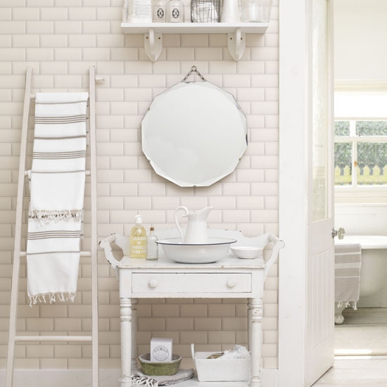 Shabby Chic Washstand Styling with Scalloped Mirror and Towel Ladder