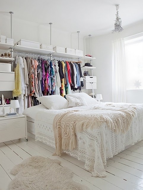 Shabby Chic White Bedroom With Open Closet Headboard Layout