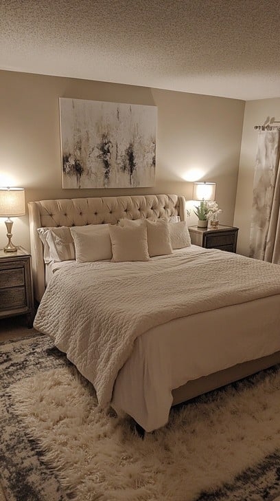 Shaggy Rug and Tufted Wingback Bed in Sophisticated Beige Bedroom