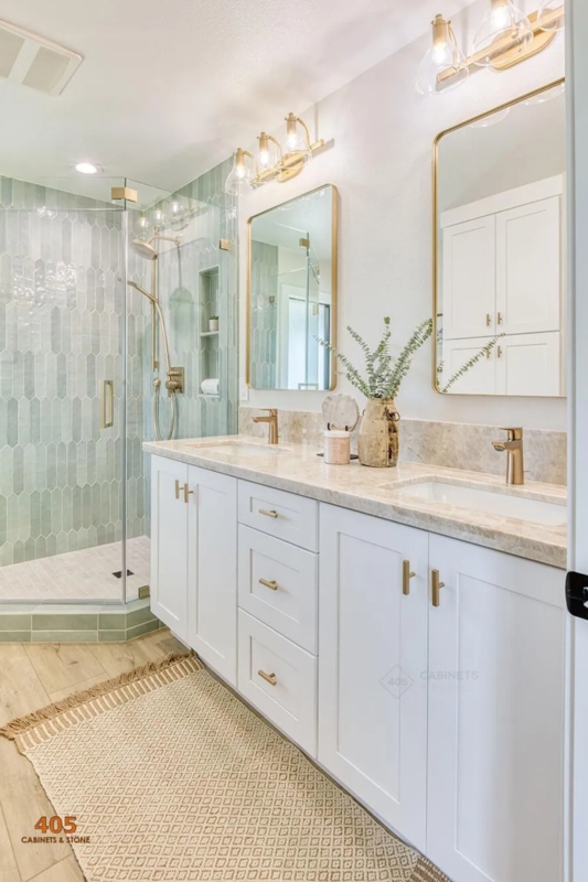 Shaker Bathroom Vanity Picket Shower Tile, Gold Hardware. Green Picket Design.