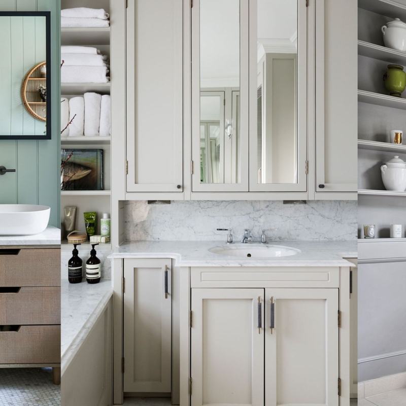Shaker Style Bathroom Cabinetry with Marble & Open Shelving