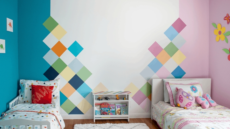 Shared Kids Bedroom featuring Colorful Geometric Accent Wall Mural