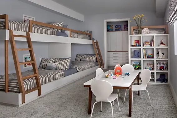 Shared Kids Bedroom Layout with Custom Built-in Bunks and Activity Table