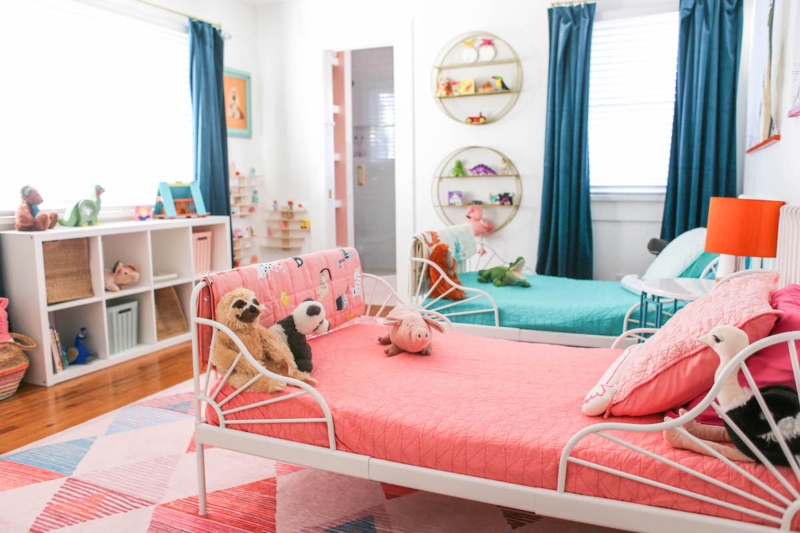 Shared Kids Room with Metal Daybeds and Coral and Teal Quilted Bedding