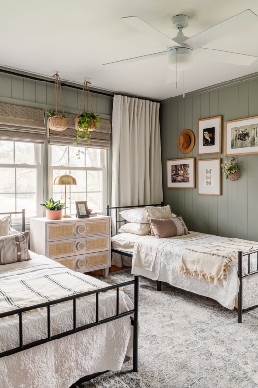 Shared Teen Girl Bedroom Layout with Black Metal Beds