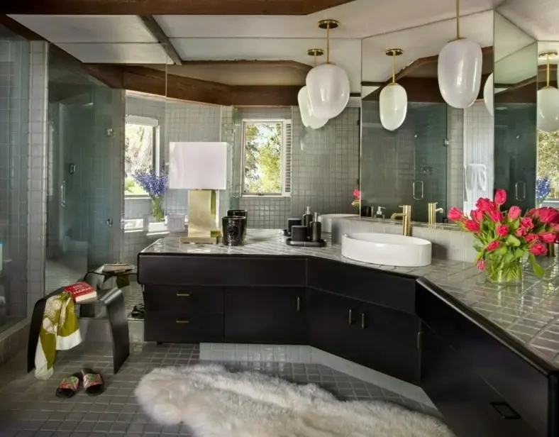 Sheepskin Rug: Plush Texture, Angular Black Vanity, Gray Grid Tile