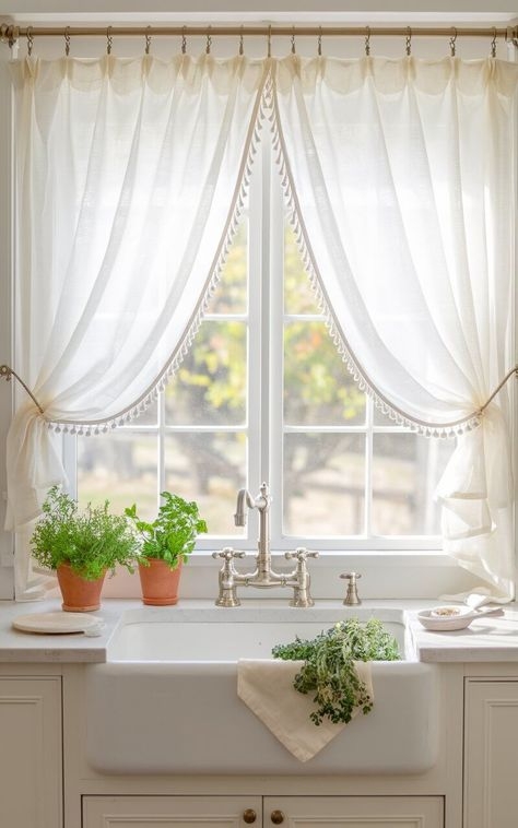 Sheer Curtains: Airy Kitchen Window Drapes with Ball Fringe & Tie Backs