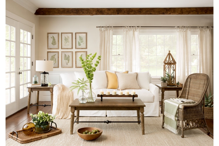 Sheer Curtains in Coastal Farmhouse with Slipcovered Sofa