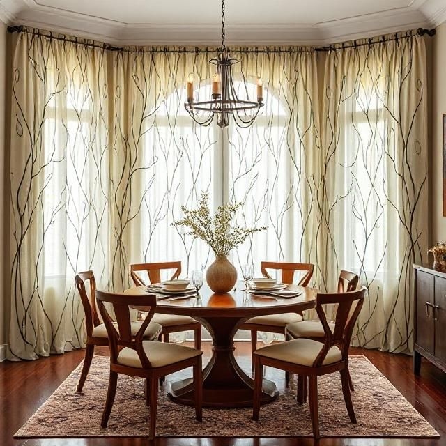 Sheer Curtains with Branch Pattern in Dining Room Bay Window