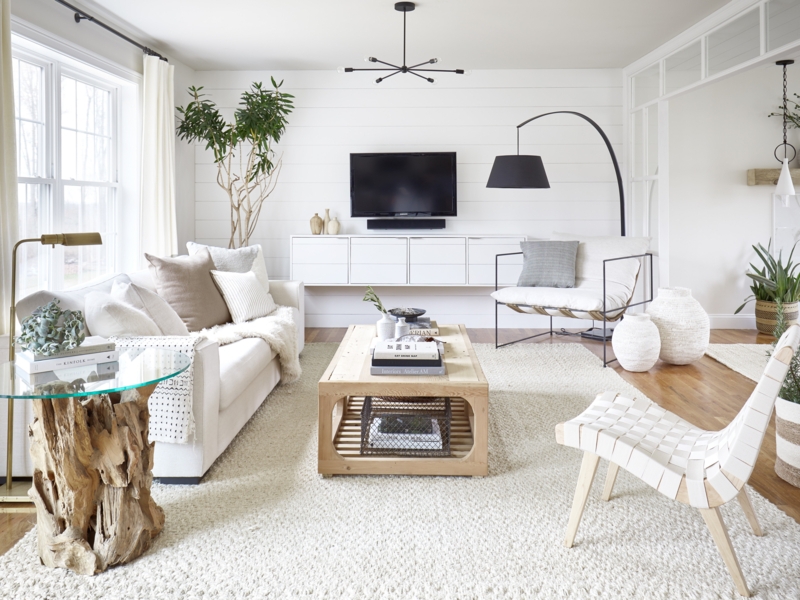 Shiplap Wall with Floating Console in an Airy White Living Room