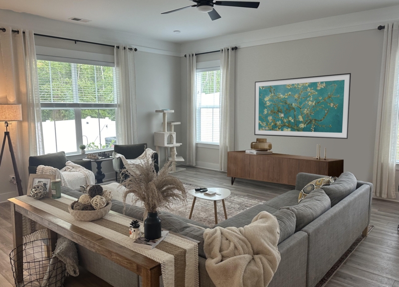 Sideboard Transitional Style with Frame TV Styling and Digital Art
