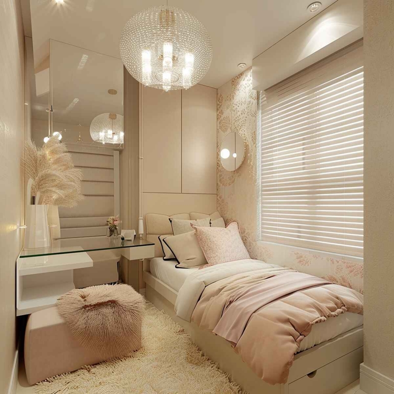 Single Bed with Space Saving Built Ins and Floating Vanity Desk Ideas
