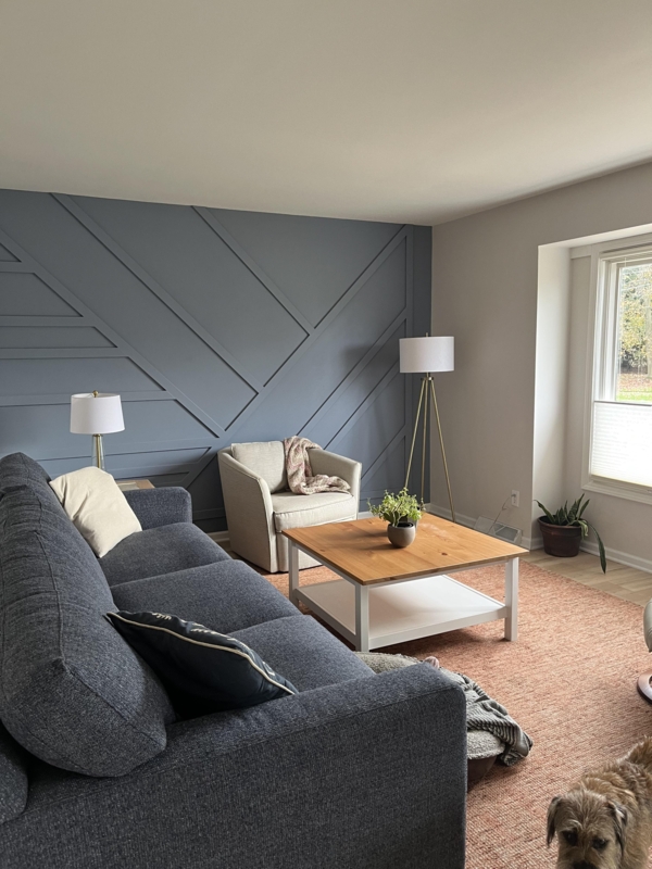 Slate Blue Geometric Accent Wall Ideas: Terracotta Rug Styling