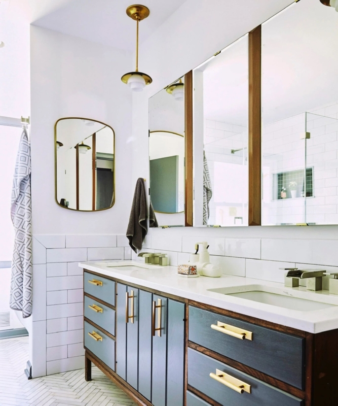 Slate Blue Vanity with Brass Pendant Light Vanity Lighting