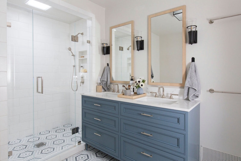 Slate Tone Double Vanity with Wood Framed Mirrors