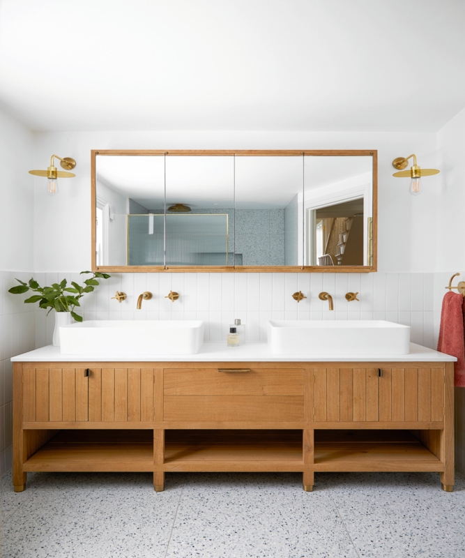 Slatted Bathroom Vanity, Double Vessel Sink Brass Wall Faucet