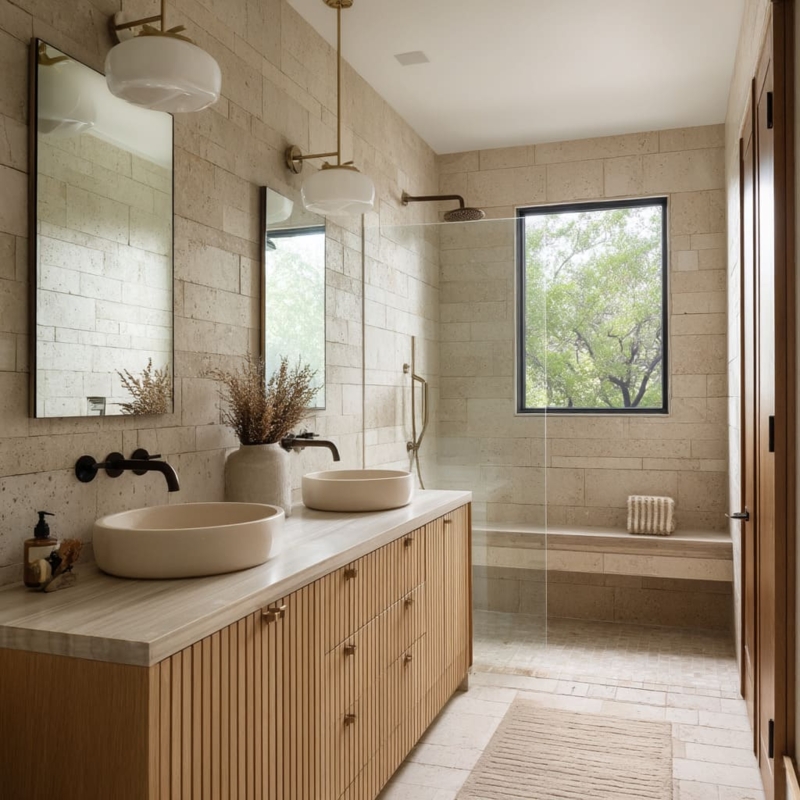 Slatted Wood Vanity, Textured Stone Walls, Organic Bathroom Design