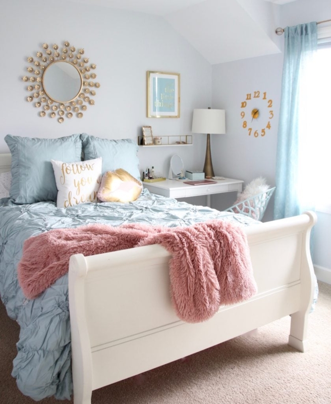 Sleigh Bed: White with Ruched Blue Bedding & Gold Mirror