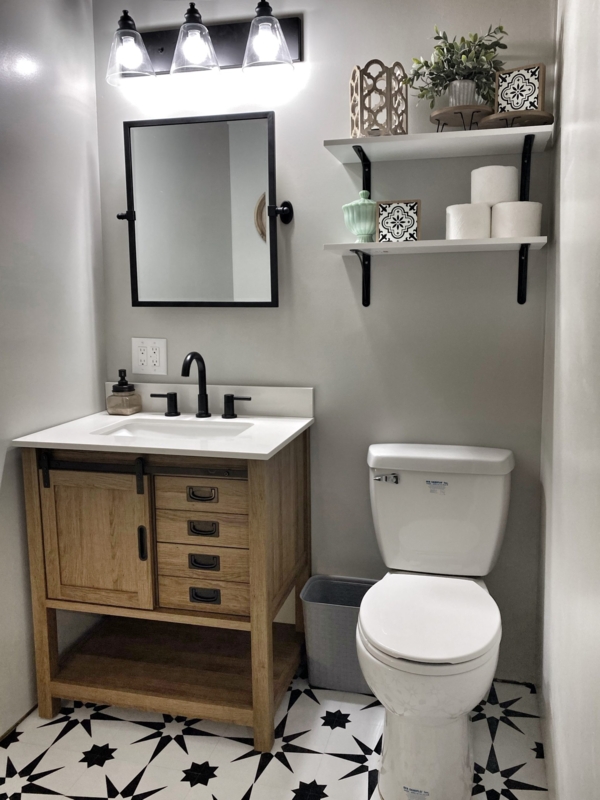Sliding Barn Door Bathroom Vanity paired with Star Patterned Floor Tile