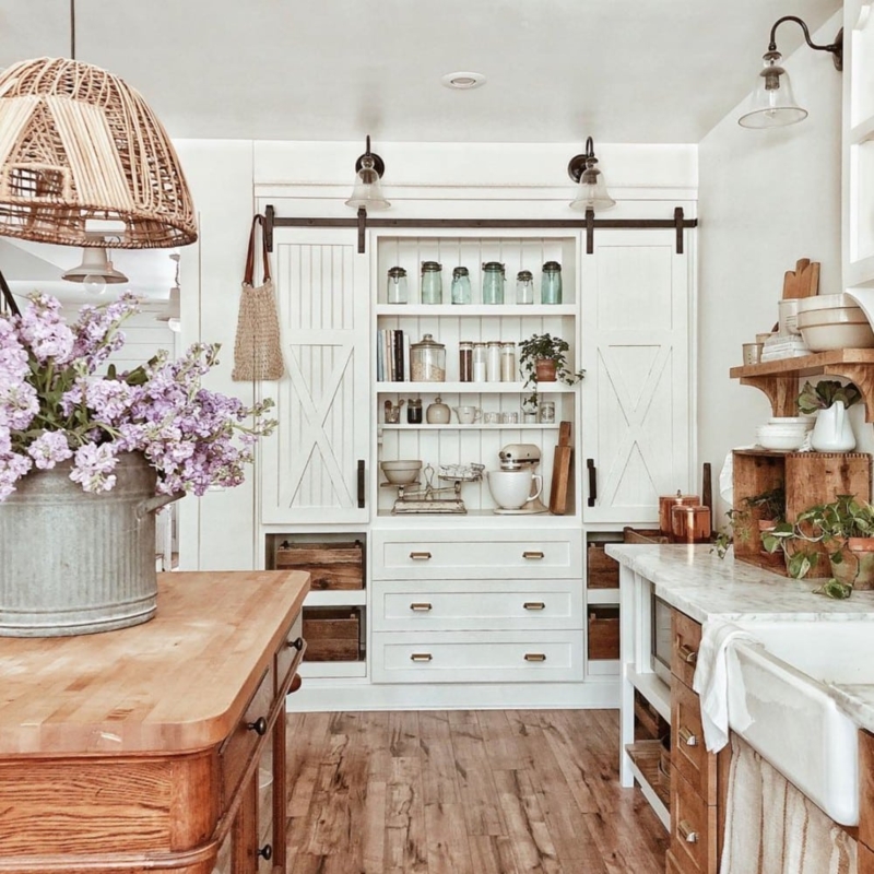 Sliding Barn Door Pantry Ideas in Farmhouse Kitchen