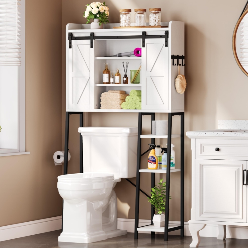 Sliding Barn Door Toilet Organizer with Black Metal Frame and Side Hooks