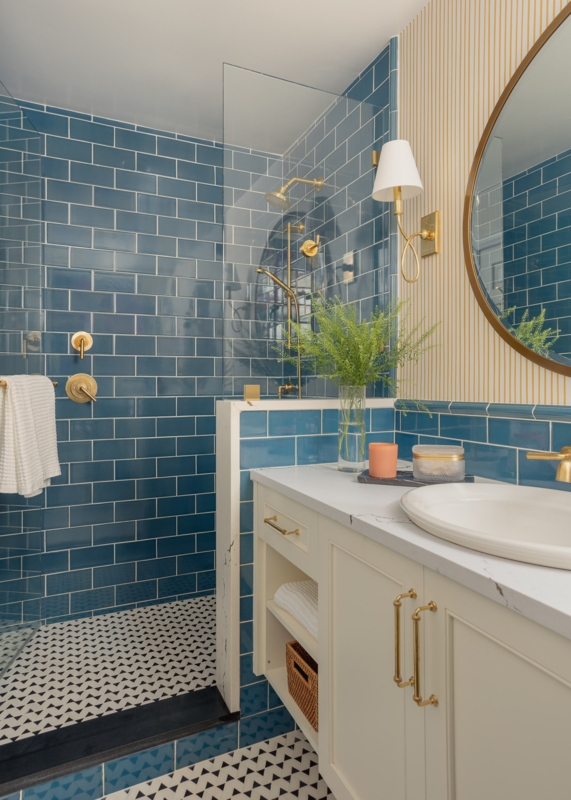Small Bathroom Blue Subway Tile Gold Hardware Inspiration