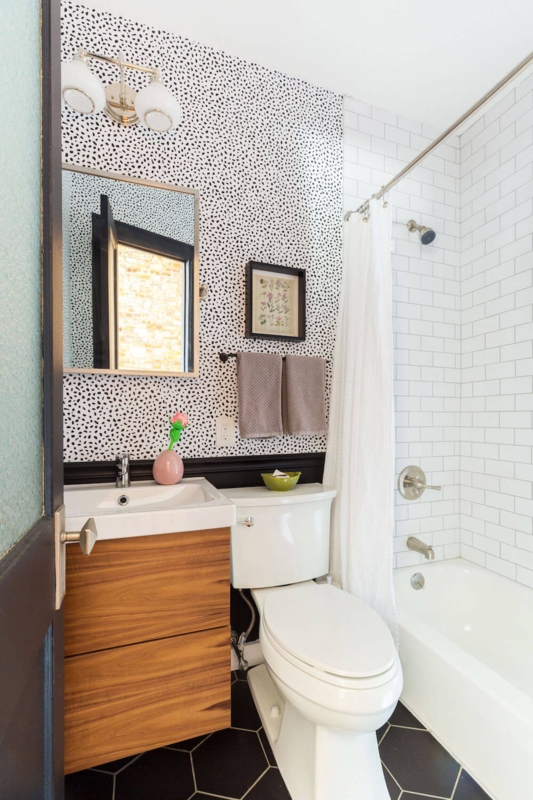 Small Bathroom Design with Dalmatian Print Wallpaper and Wood Vanity