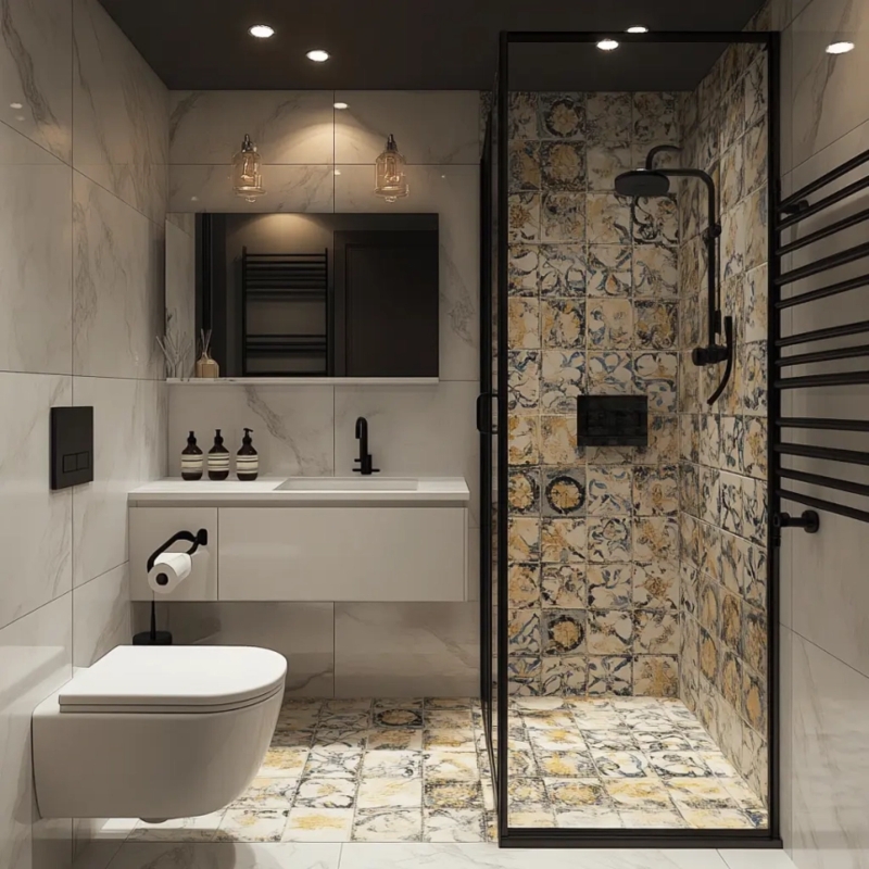 Small Bathroom Design with Patterned Tile Walk-in Shower