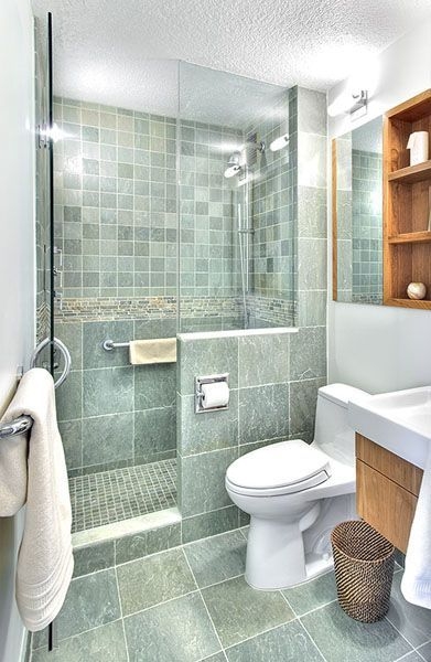 Small Bathroom Design with Sage Green Slate Tiles and Wood Accents