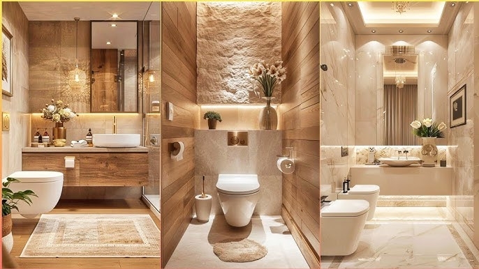 Small Bathroom Design with Textured Feature Walls and Layered Lighting